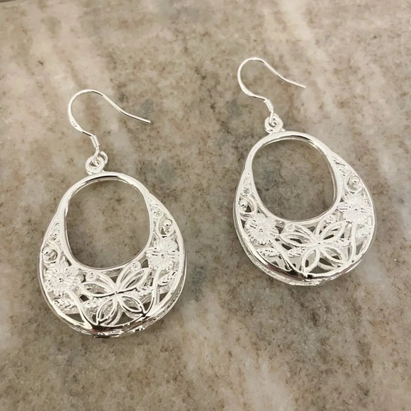 925 Sterling Silver Flower Hoop Earrings Dangle Flower Hoop Dangle Drop Earrings - Picture 1 of 4